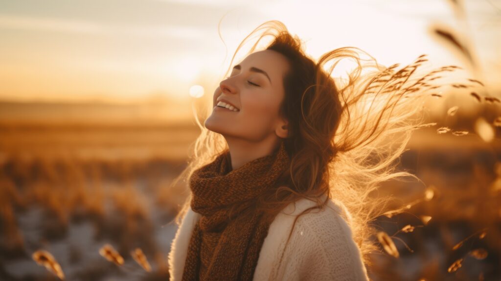 Smiling woman standing in a golden wheat field at sunset, symbolizing renewal, warmth, and the possibility of growth after trauma.