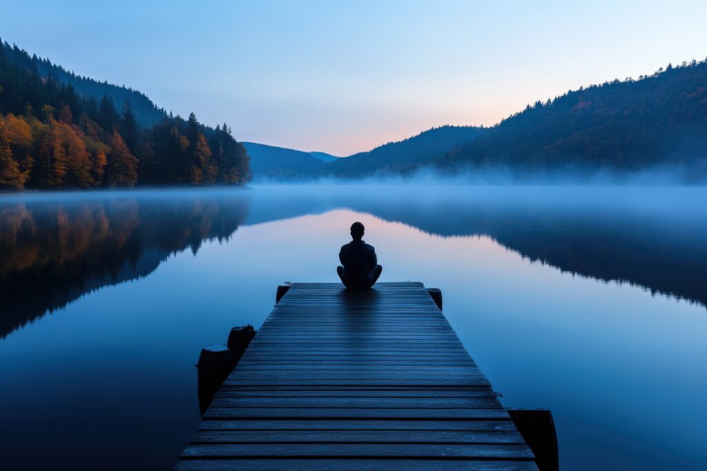 A person sits alone on a wooden dock, gazing out over calm water toward a mountain landscape.